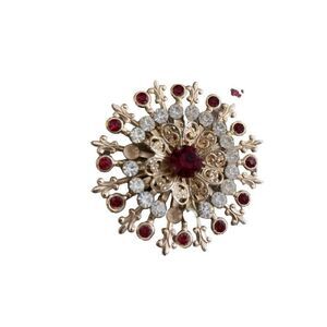 Retro Pin Brooch Circular Red Gold Tone Rhinestone Fleur De Los